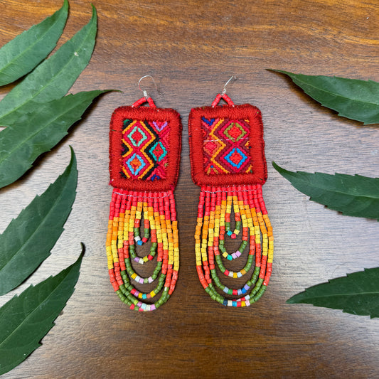 Handmade Beaded Earrings with Ceremonial Textile from Aguacatán and Clay Bead Drops, red square
