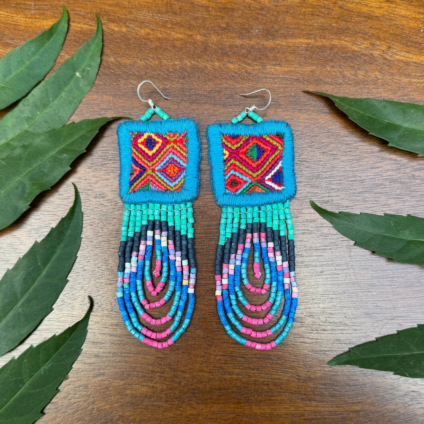 Handmade Beaded Earrings with Ceremonial Textile from Aguacatán and Clay Bead Drops, celeste square