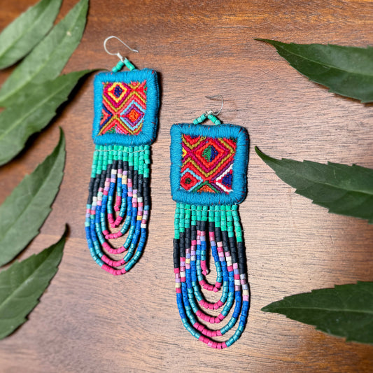 Handmade Beaded Earrings with Ceremonial Textile from Aguacatán and Clay Bead Drops, celeste square