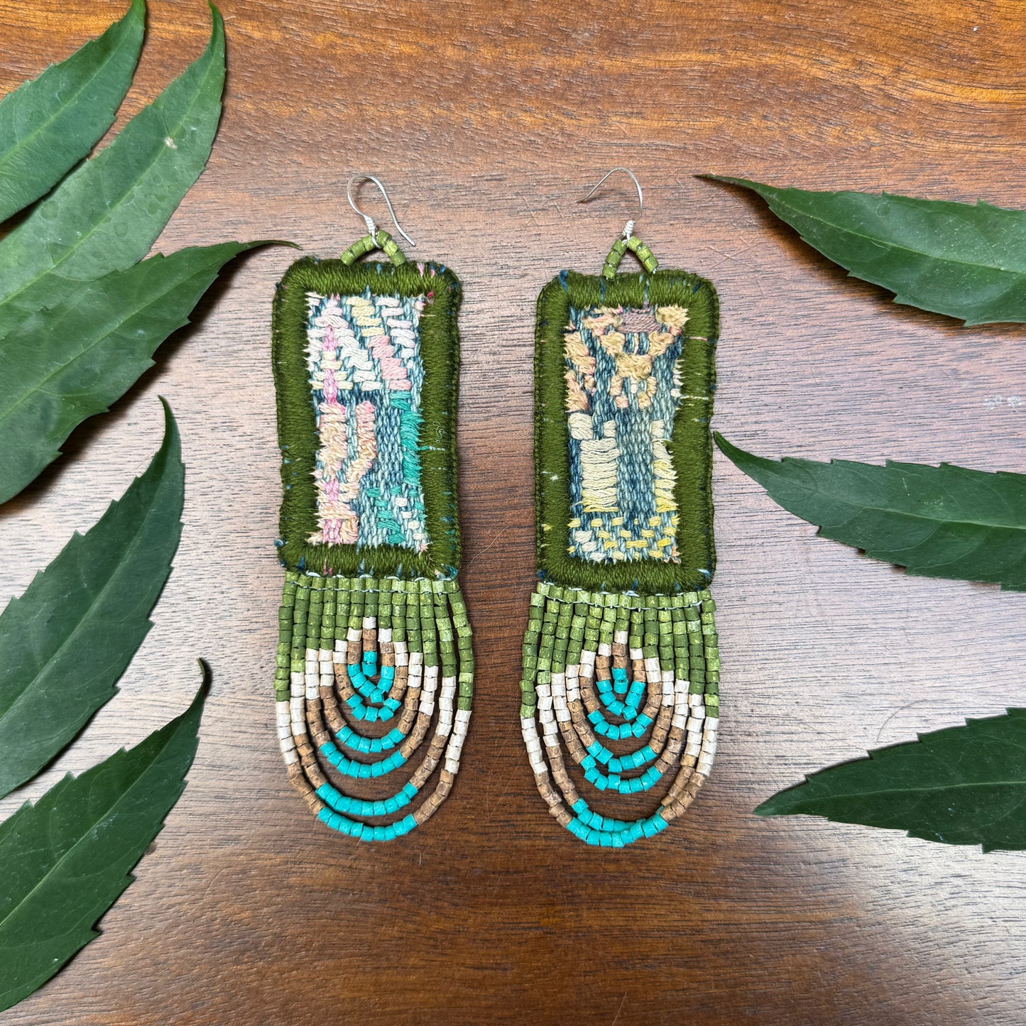 Handmade Beaded Earrings with Vintage Textile from Chichi and Clay Bead Drops, olive rectangle