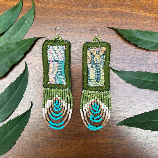 Handmade Beaded Earrings with Vintage Textile from Chichi and Clay Bead Drops, olive rectangle