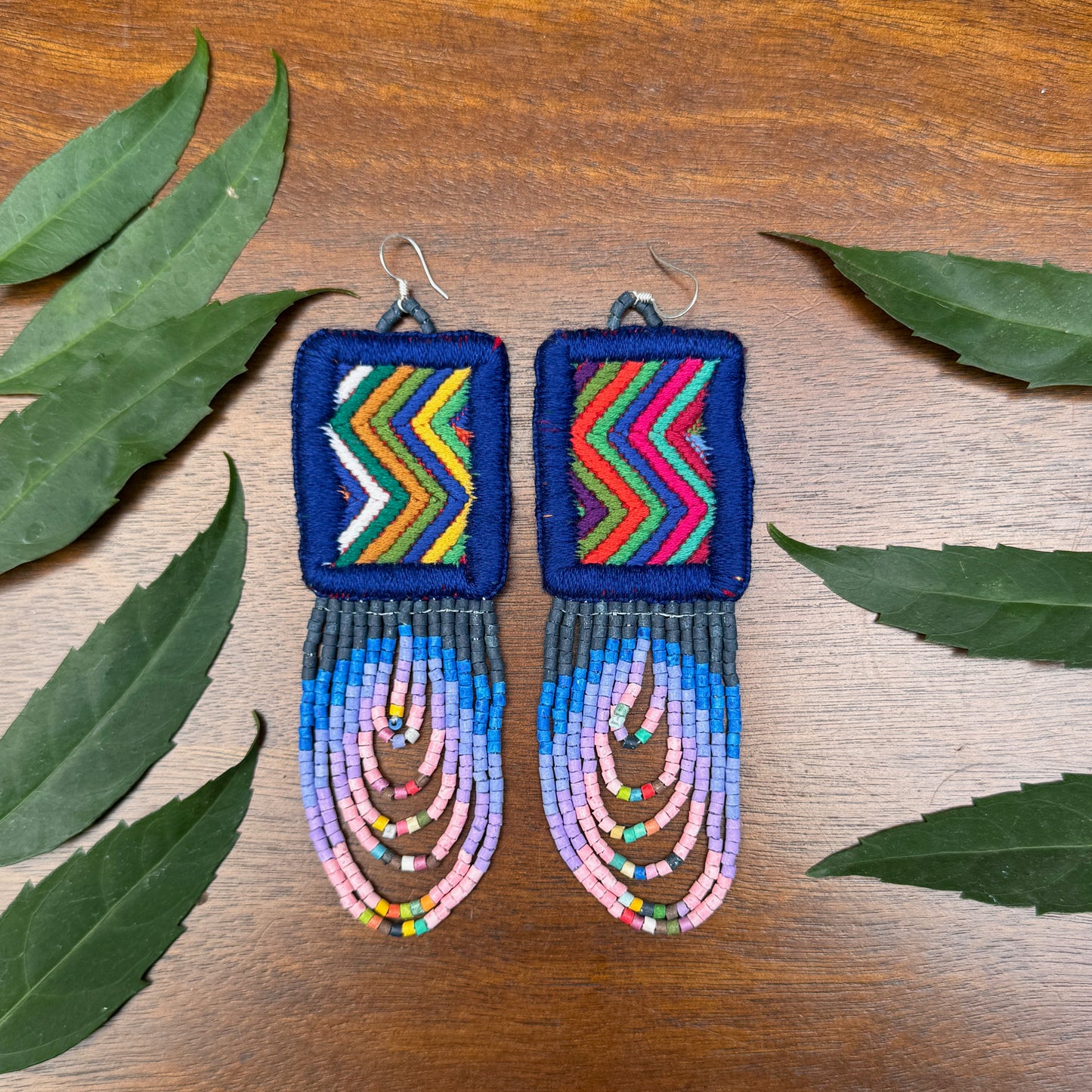 Handmade Beaded Earrings with Ceremonial Textile from Aguacatán and Clay Bead Drops, navy square