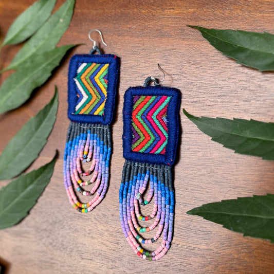 Handmade Beaded Earrings with Ceremonial Textile from Aguacatán and Clay Bead Drops, navy square