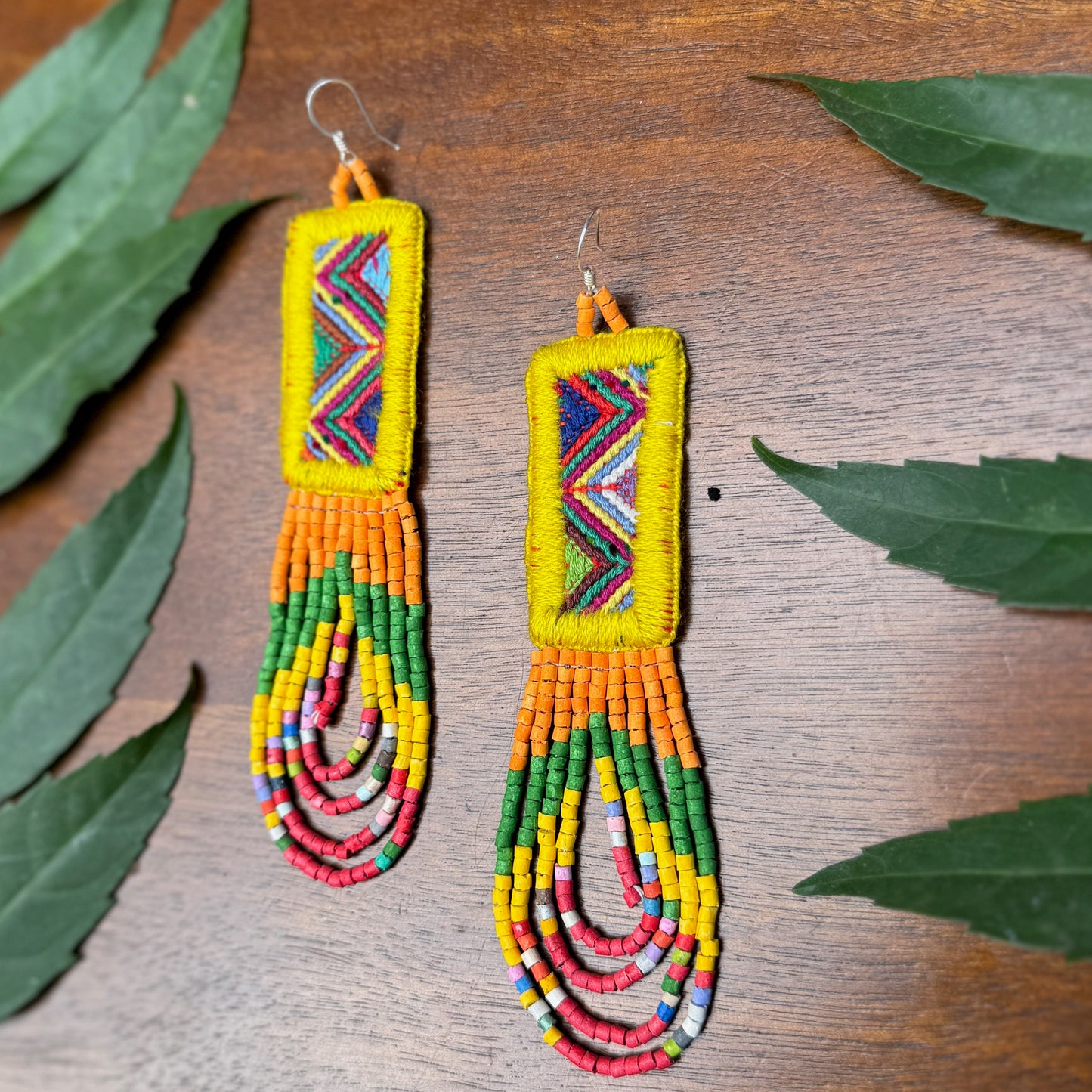 Handmade Beaded Earrings with Ceremonial Textile from Aguacatán and Clay Bead Drops, yellow rectangle