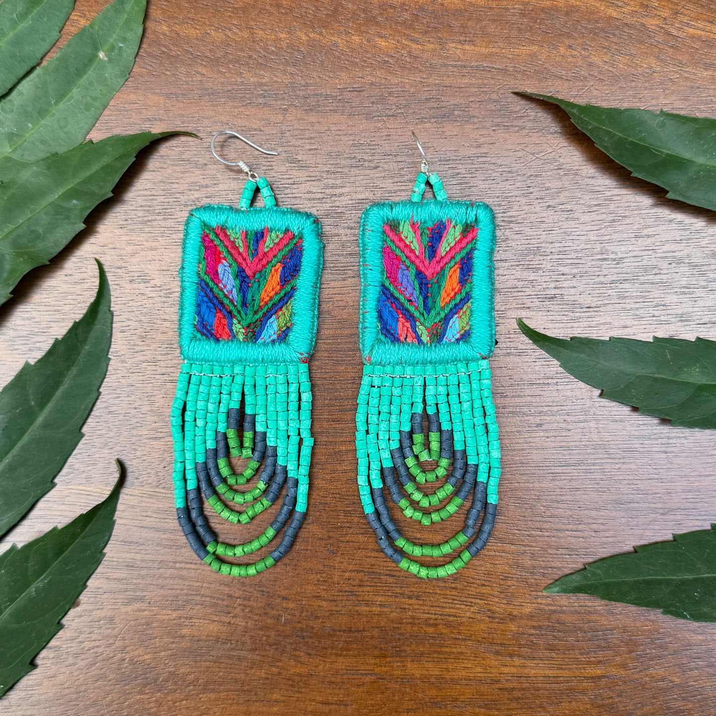 Handmade Beaded Earrings with Ceremonial Textile from Aguacatán and Clay Bead Drops, turquoise square