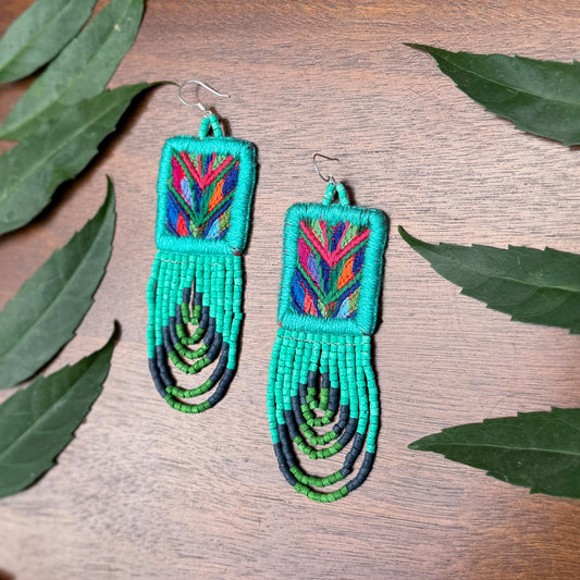 Handmade Beaded Earrings with Ceremonial Textile from Aguacatán and Clay Bead Drops, turquoise square