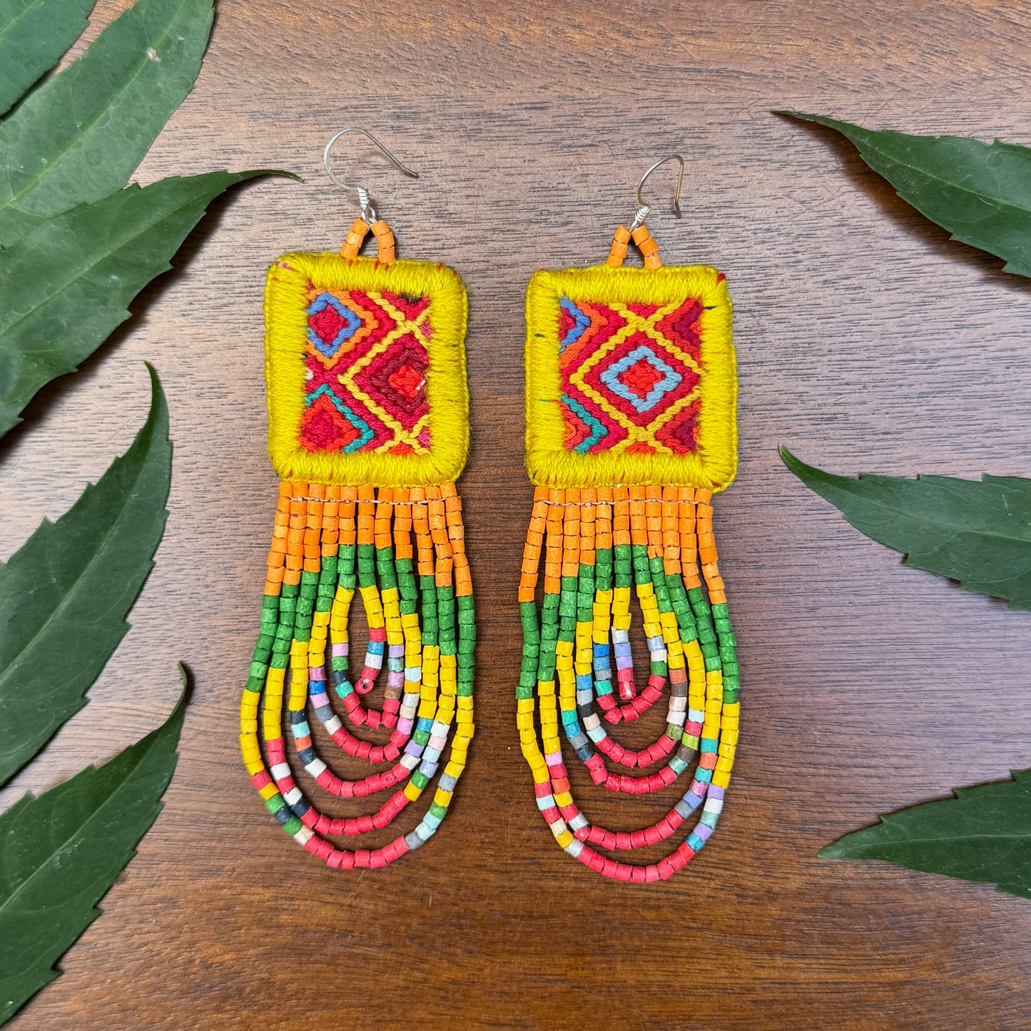Handmade Beaded Earrings with Ceremonial Textile from Aguacatán and Clay Bead Drops, yellow square