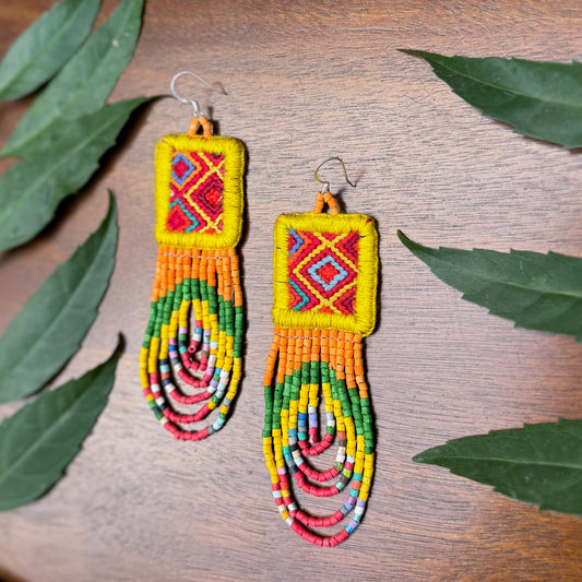 Handmade Beaded Earrings with Ceremonial Textile from Aguacatán and Clay Bead Drops, yellow square