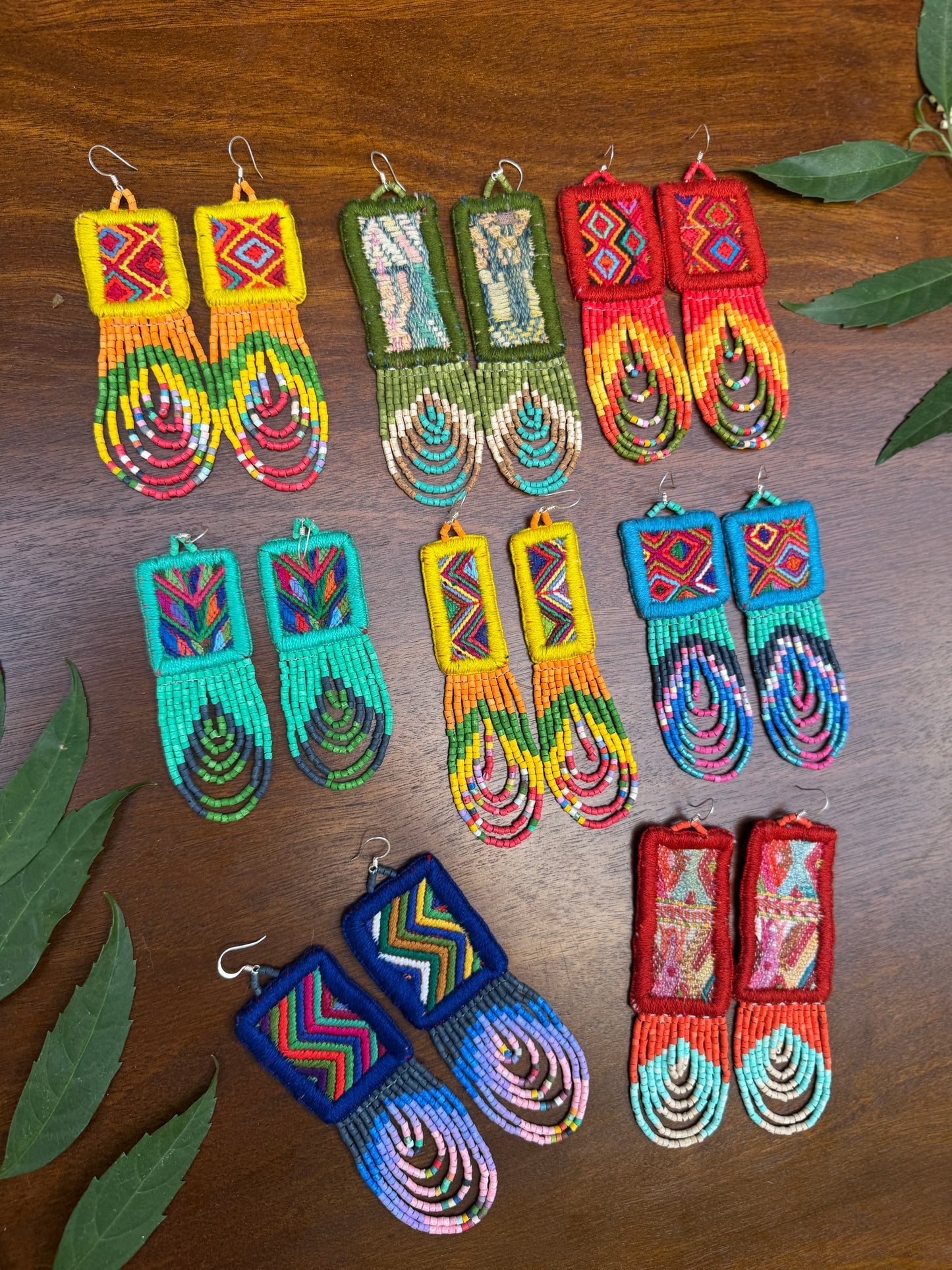 Handmade Beaded Earrings with Ceremonial Textile from Aguacatán and Clay Bead Drops, red square