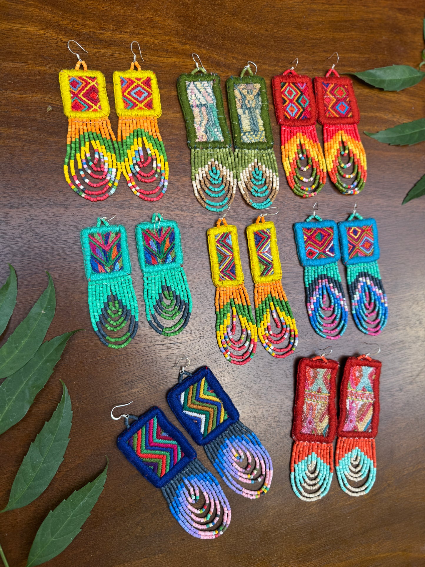 Handmade Beaded Earrings with Ceremonial Textile from Aguacatán and Clay Bead Drops, yellow square