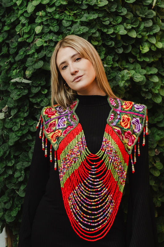 Shoulder Cape with Beads - Huipil Capa, Ruby Kaleidoscope