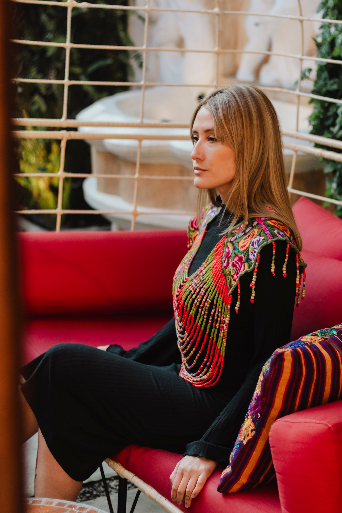 Shoulder Cape with Beads - Huipil Capa, Ruby Kaleidoscope