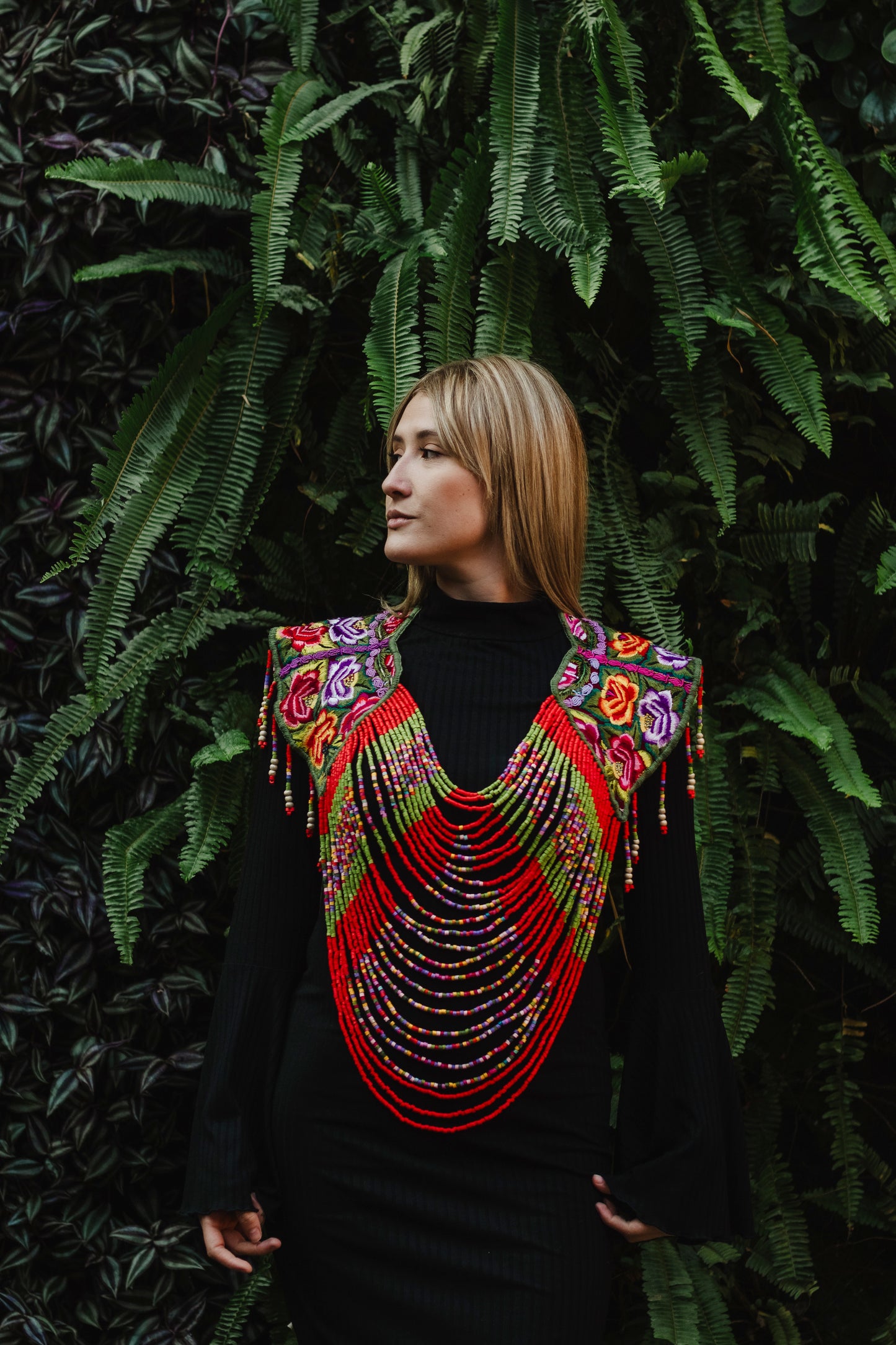 Shoulder Cape with Beads - Huipil Capa, Ruby Kaleidoscope
