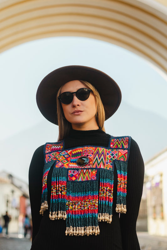 One-of-a-kind, Handmade Poncho with Authentic Guatemalan Jade & Rare Aguacatán Mayan Textile - Celestial Tapestry