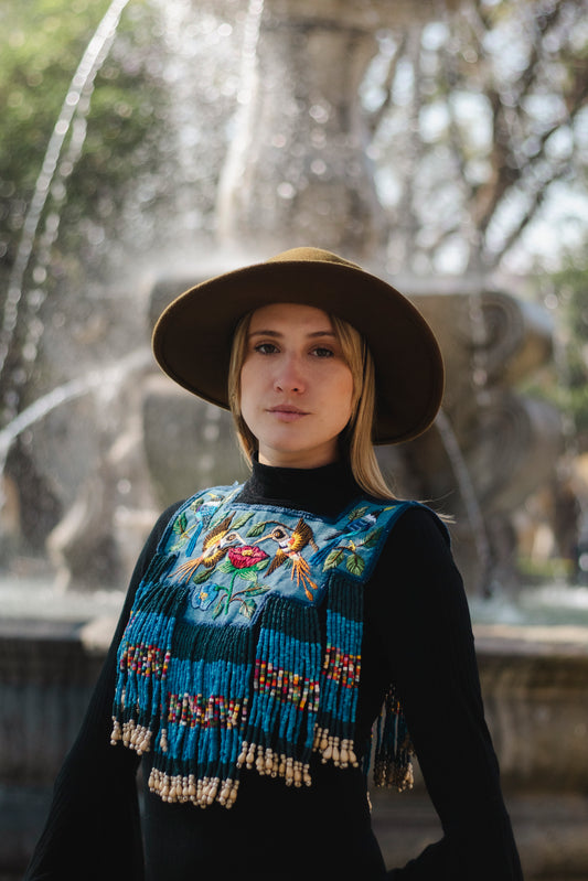Handmade Poncho with Hand-Embroidered Birds and Beaded Fringes - Navy Blue