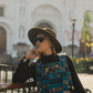 Handmade Poncho with Hand-Embroidered Birds and Beaded Fringes - Navy Blue