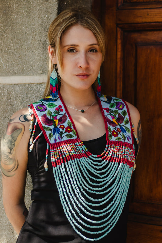 Ceremonial Shoulder Piece with Hand-Embroidered Birds - Stone Blue & Velvet