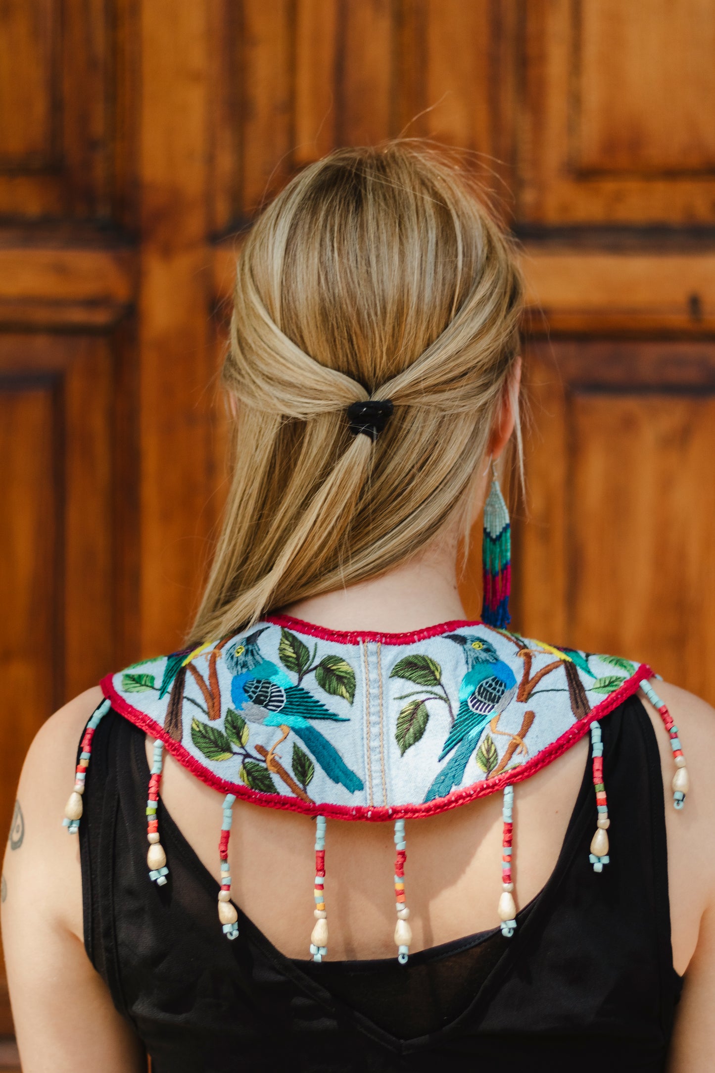 Ceremonial Shoulder Piece with Hand-Embroidered Birds - Stone Blue & Velvet