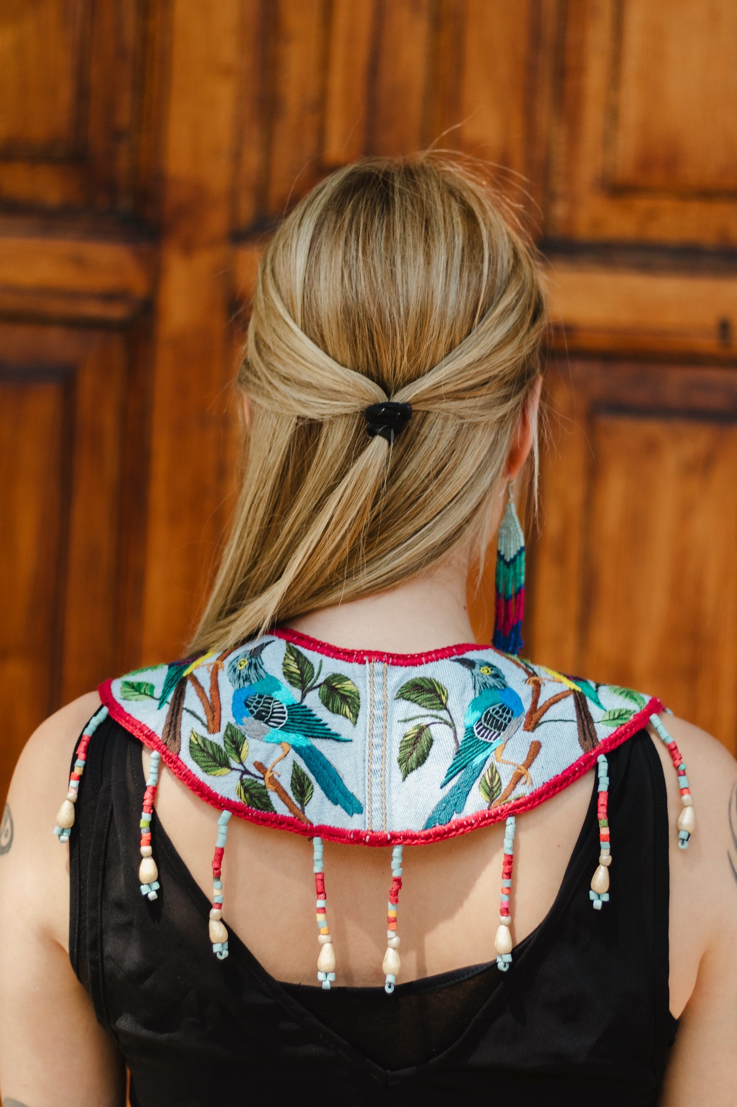 Ceremonial Shoulder Piece with Hand-Embroidered Birds - Stone Blue & Velvet