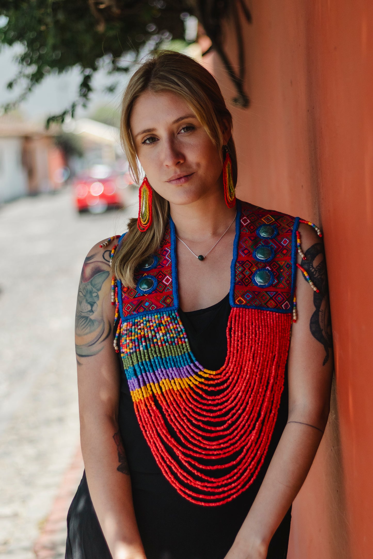 Ceremonial Shoulder Piece with Jade Stones and Beaded Chains - Red Rainbow