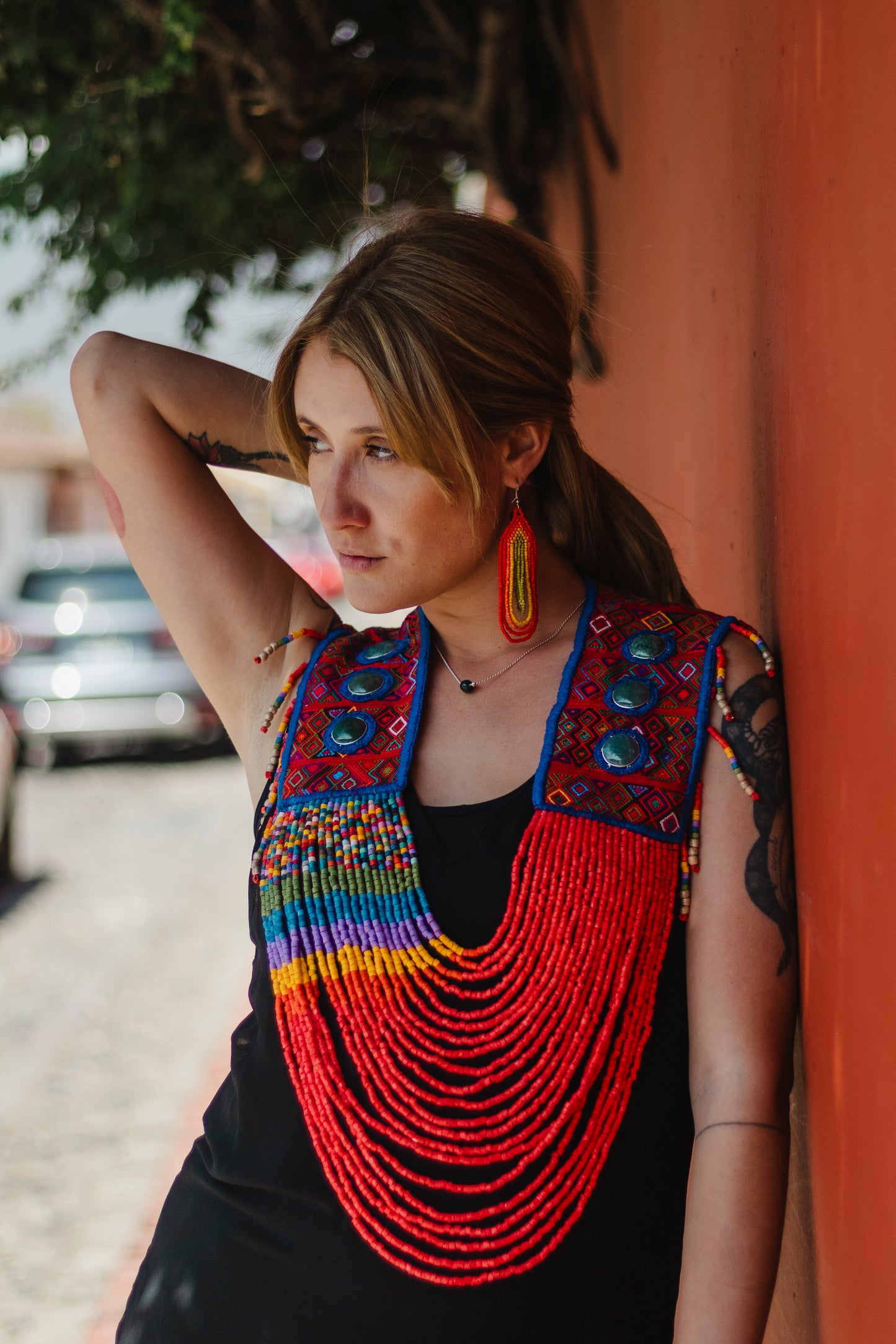 Ceremonial Shoulder Piece with Jade Stones and Beaded Chains - Red Rainbow