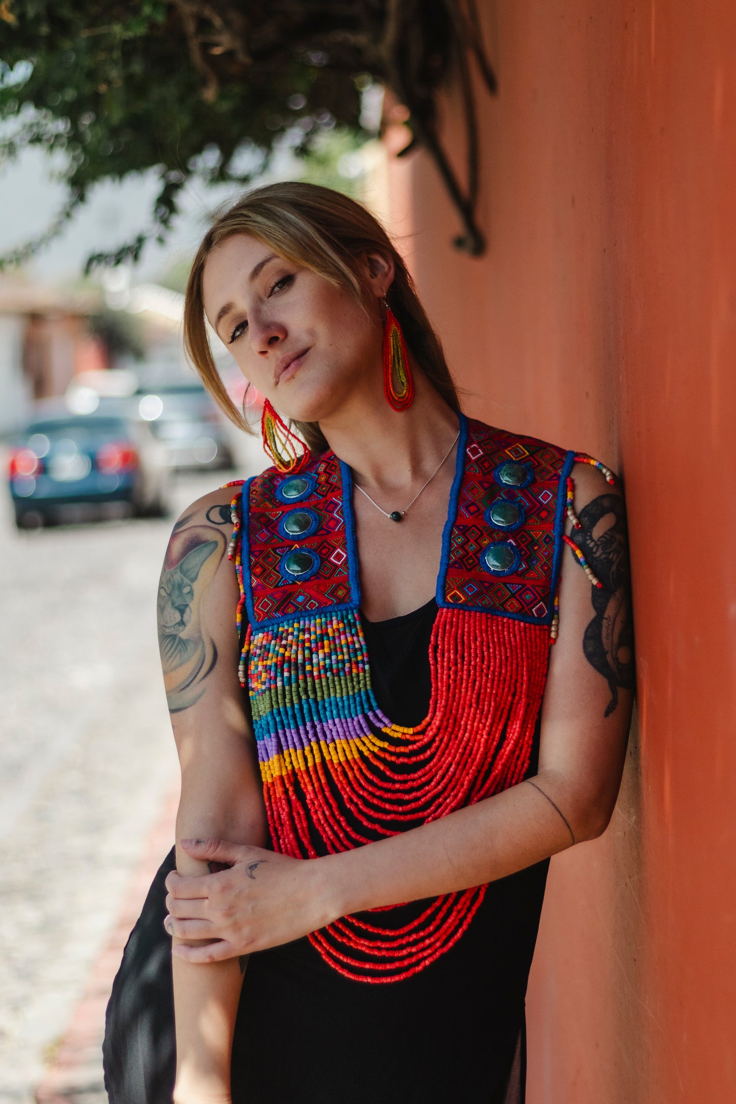 Ceremonial Shoulder Piece with Jade Stones and Beaded Chains - Red Rainbow
