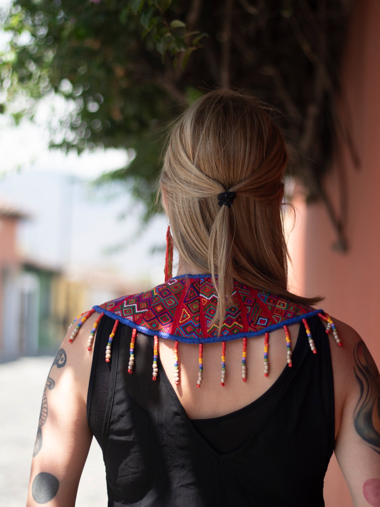 Ceremonial Shoulder Piece with Jade Stones and Beaded Chains - Red Rainbow