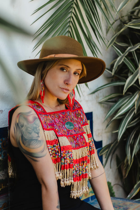 One-of-a-kind, Handmade Poncho with Authentic Guatemalan Jade & Rare Aguacatán Mayan Textile - Golden Flame