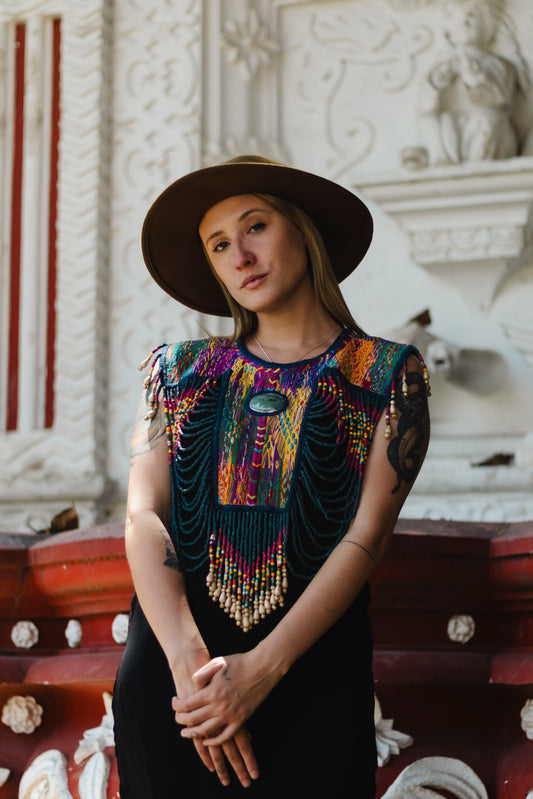Beaded Tabard Poncho with Traditional Textile & Jade - San Juan Sunset