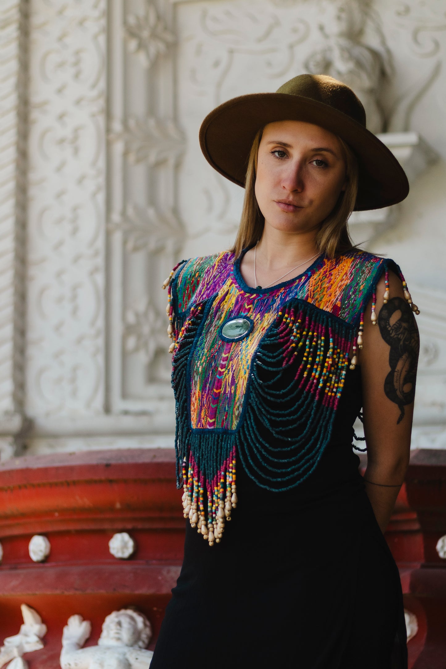 Beaded Tabard Poncho with Traditional Textile & Jade - San Juan Sunset