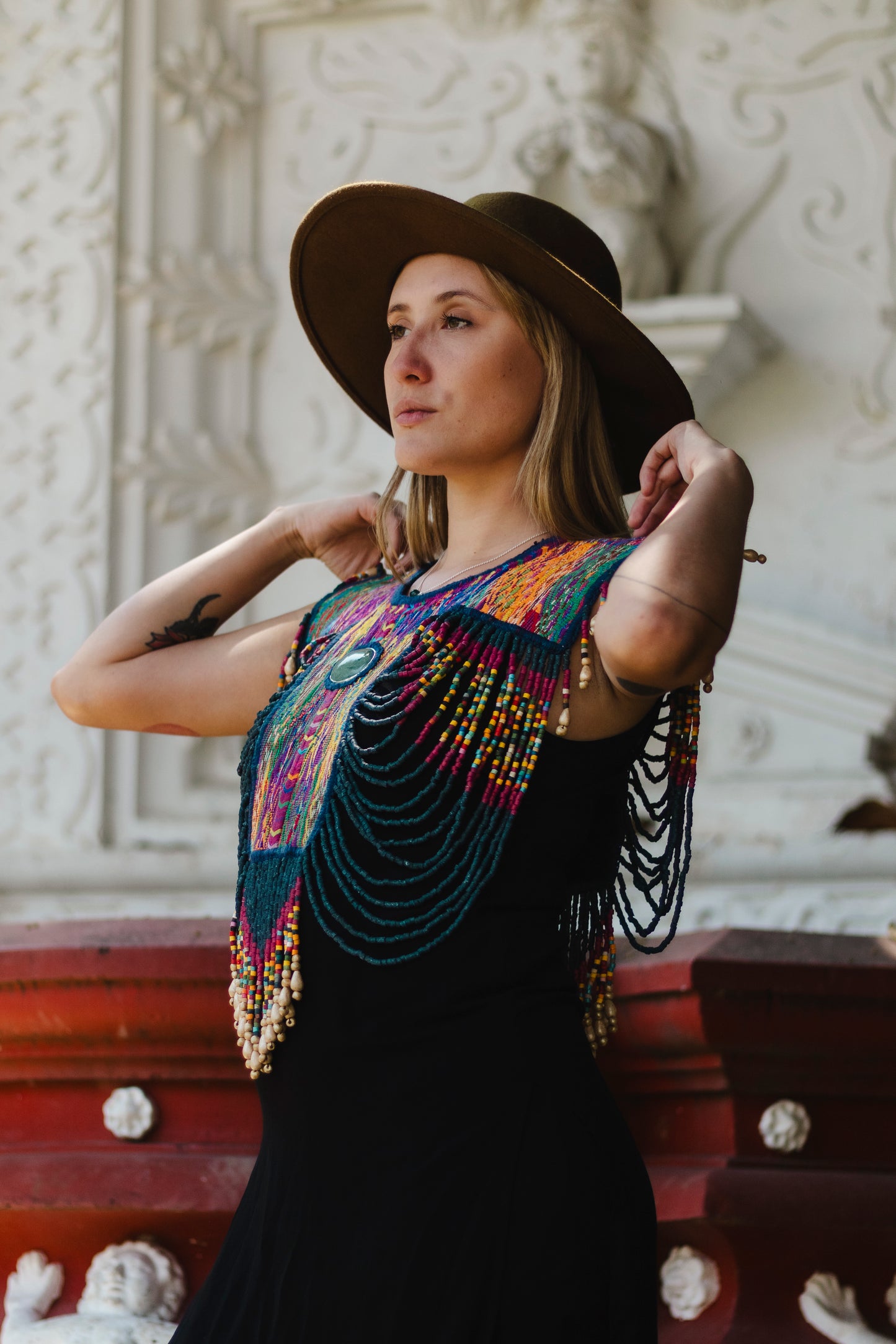 Beaded Tabard Poncho with Traditional Textile & Jade - San Juan Sunset