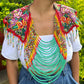 Textile Cape with Beaded Body Chains - "Huipil Capa", Vibrant Flora, Small