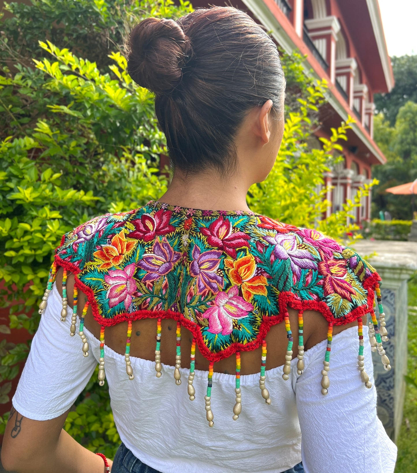 Textile Cape with Beaded Body Chains - "Huipil Capa", Vibrant Flora, Small