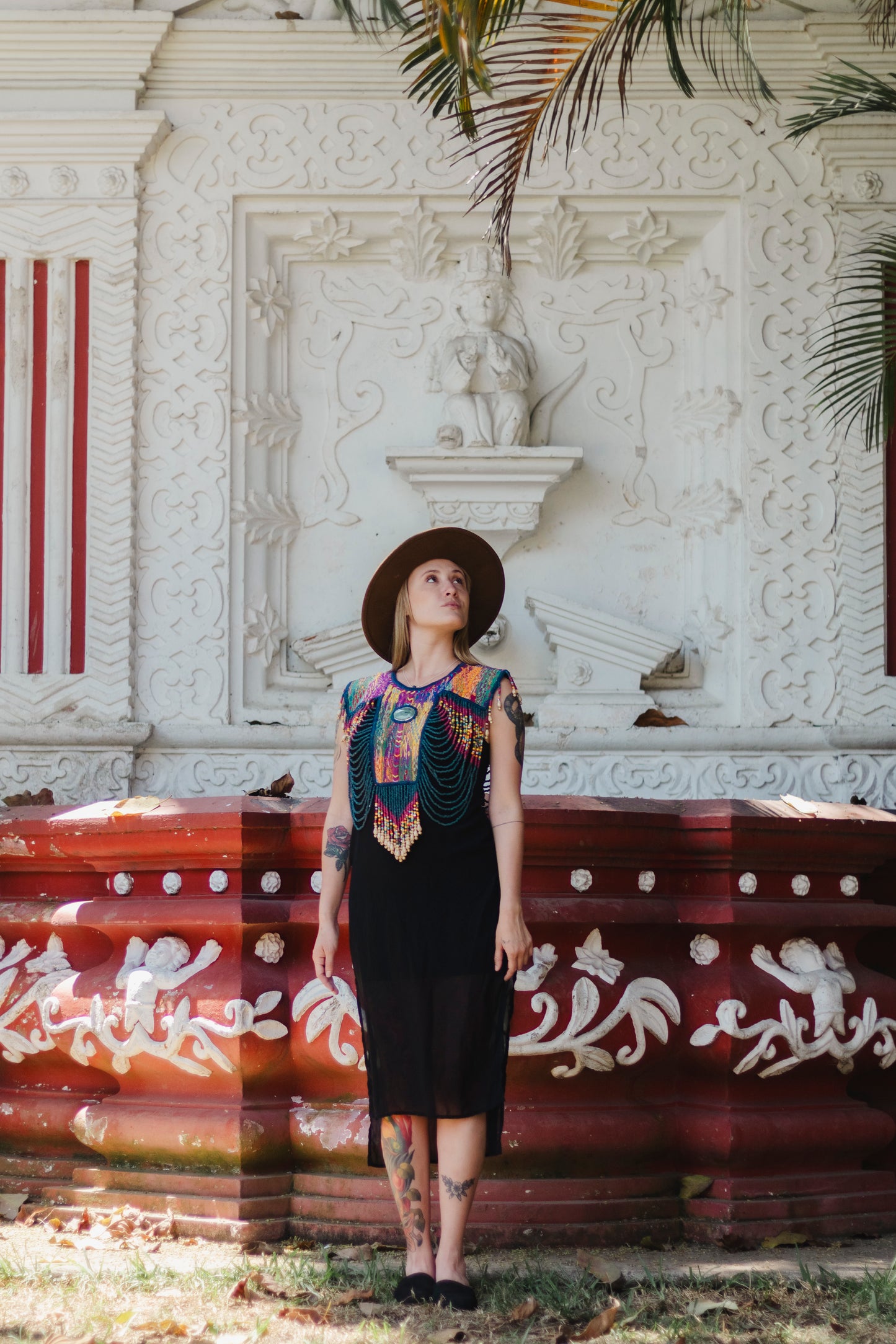 Beaded Tabard Poncho with Traditional Textile & Jade - San Juan Sunset