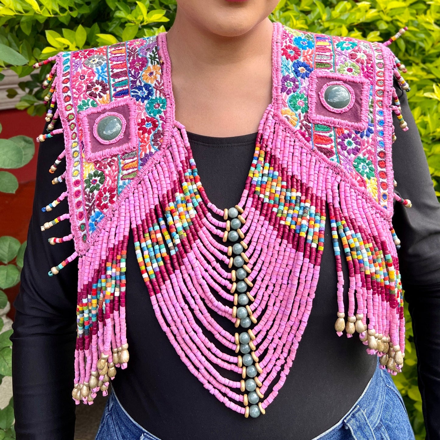 Textile Chest Piece with Chains, Fringes, and Jade - "Barbie"