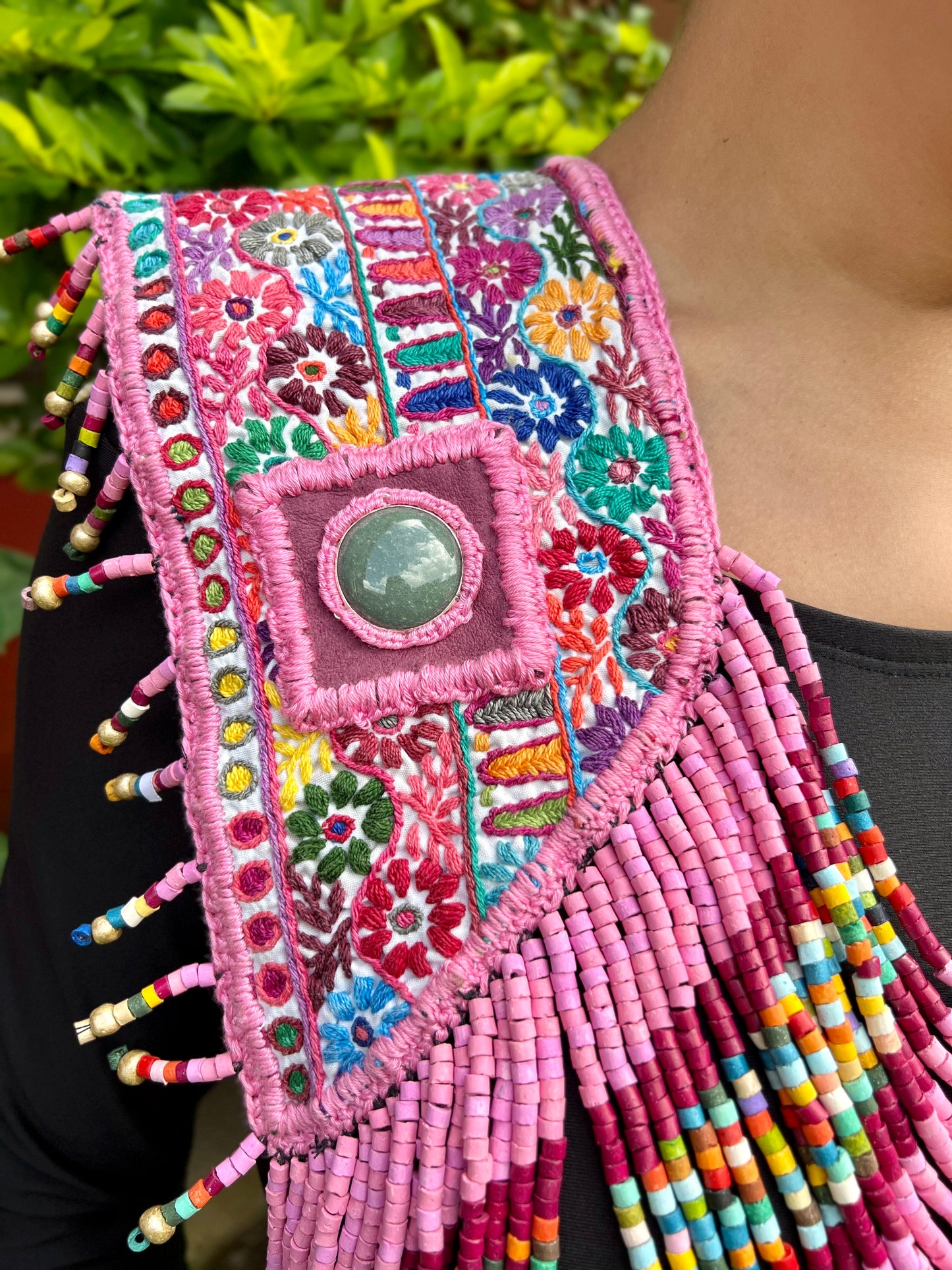 Textile Chest Piece with Chains, Fringes, and Jade - "Barbie"