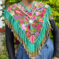 Textile Poncho with Beaded Fringes and Jade - "Poncho Cleopatra", Turquoise