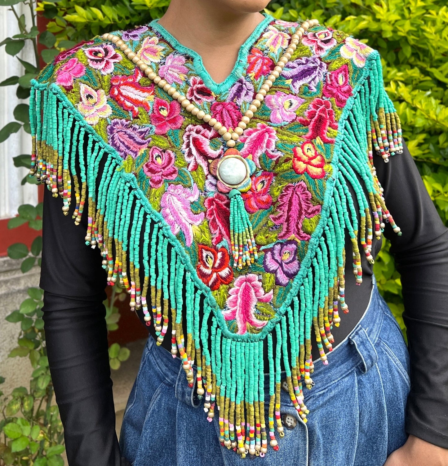 Textile Poncho with Beaded Fringes and Jade - "Poncho Cleopatra", Turquoise