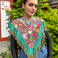 Textile Poncho with Beaded Fringes and Jade - "Poncho Cleopatra", Turquoise