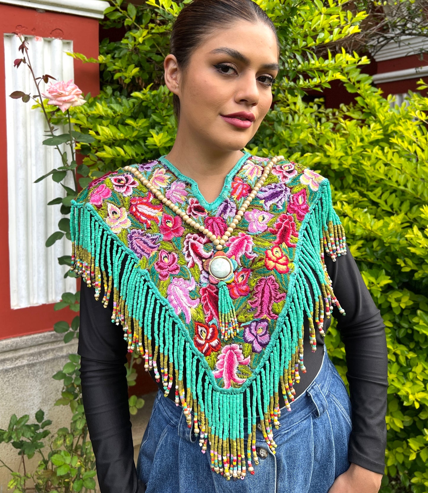 Textile Poncho with Beaded Fringes and Jade - "Poncho Cleopatra", Turquoise