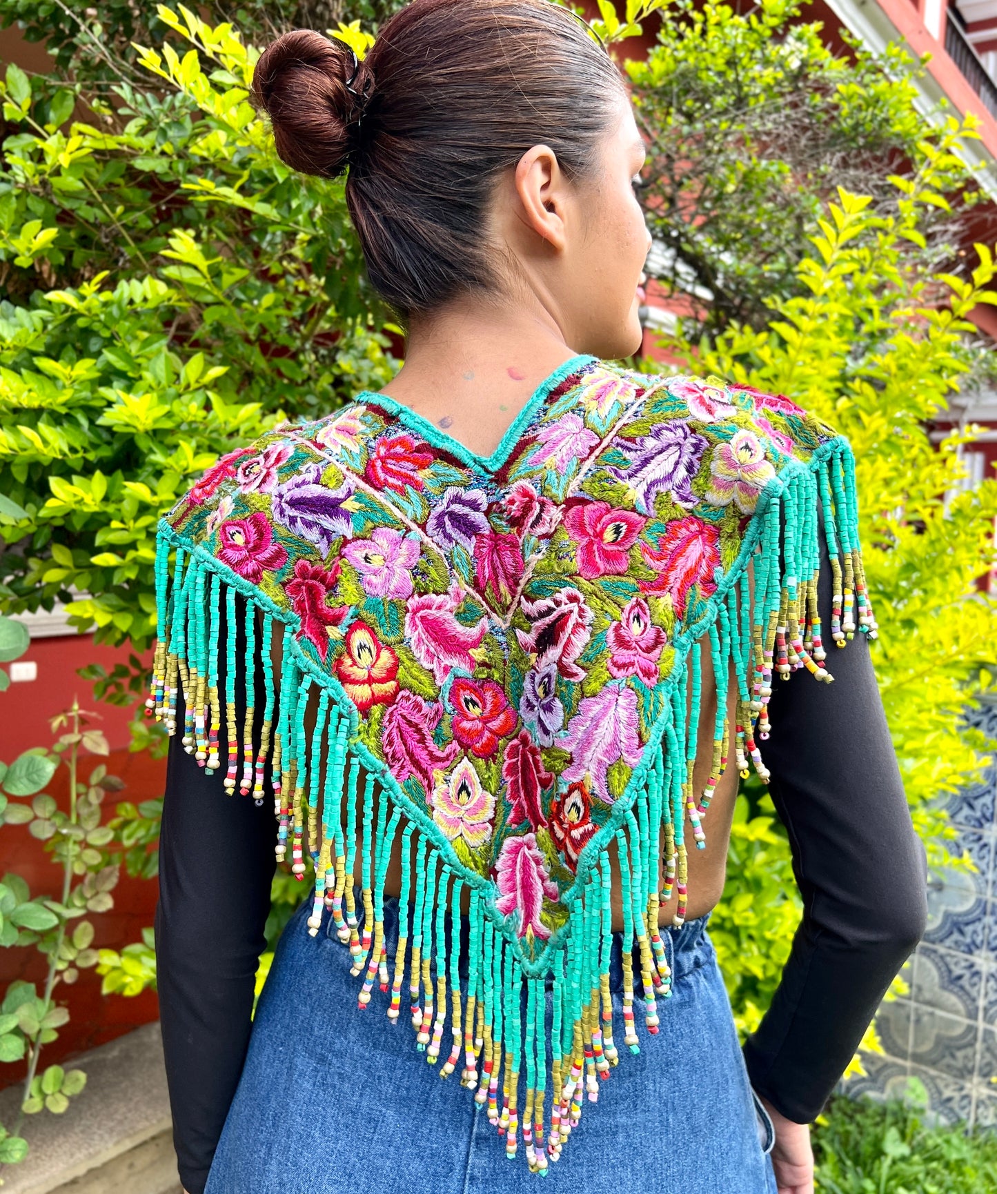 Textile Poncho with Beaded Fringes and Jade - "Poncho Cleopatra", Turquoise