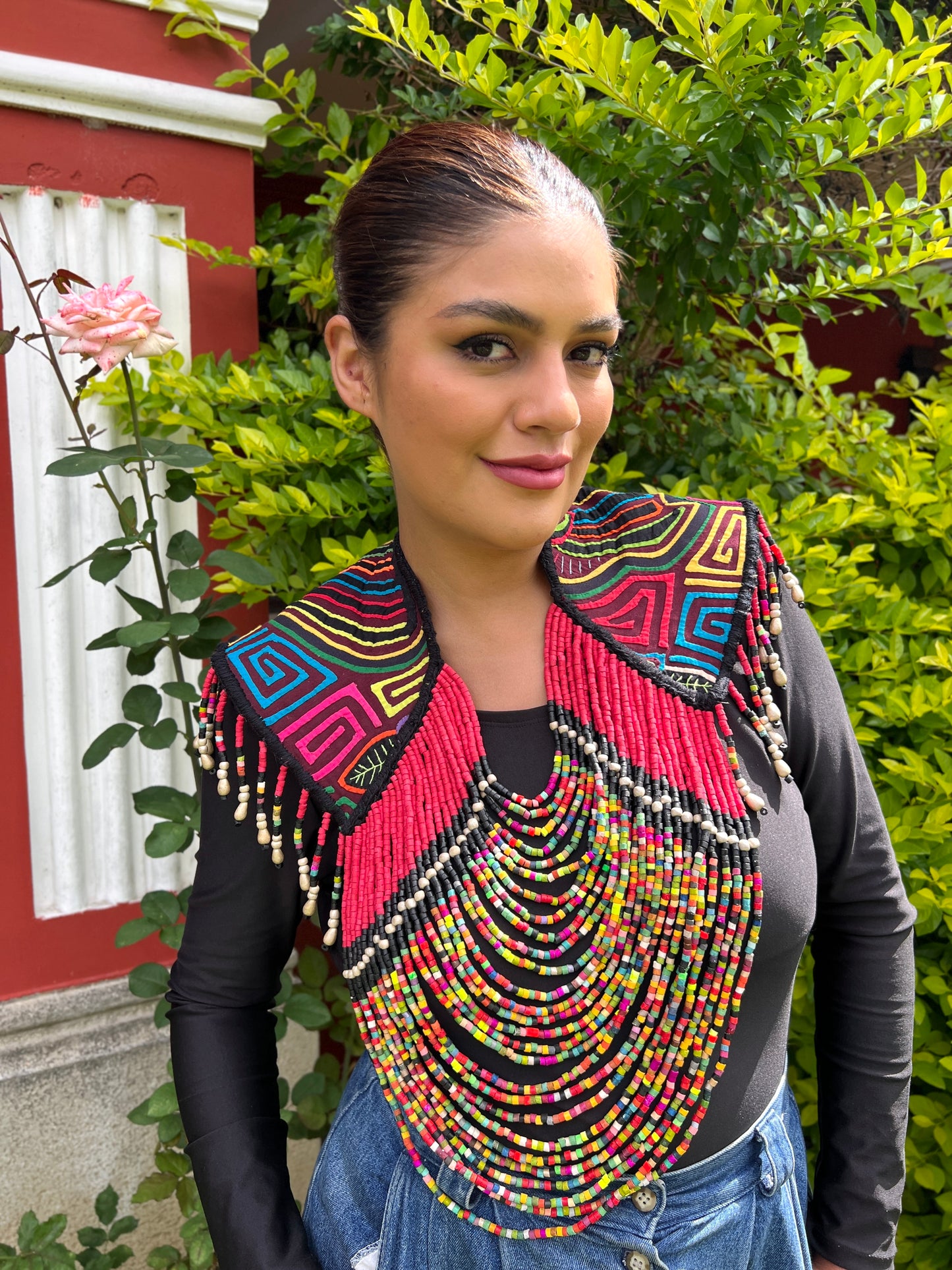 Textile Cape with Beaded Chains - Mola Capa, Magenta Multicolor