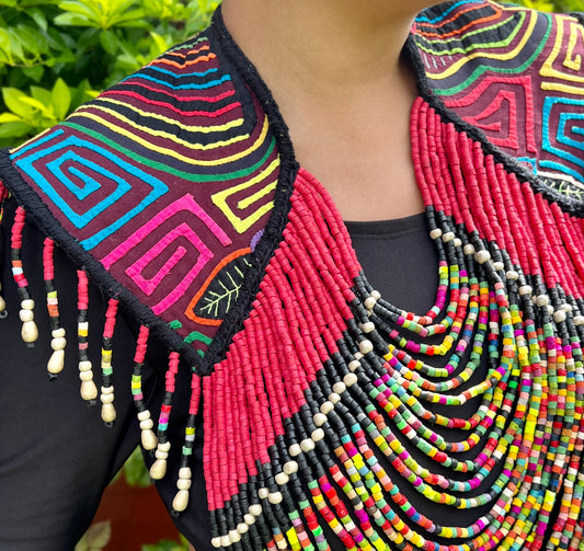 Textile Cape with Beaded Chains - Mola Capa, Magenta Multicolor
