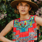 Handmade Poncho with Hand-Embroidered Birds and Beaded Fringes - Red Denim