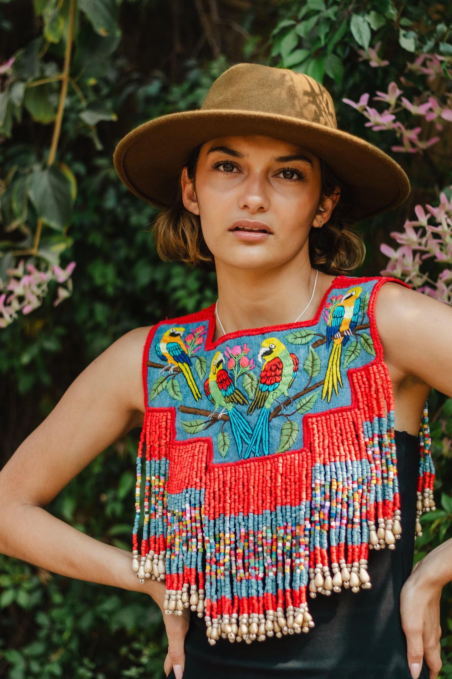 Handmade Poncho with Hand-Embroidered Birds and Beaded Fringes - Red Denim