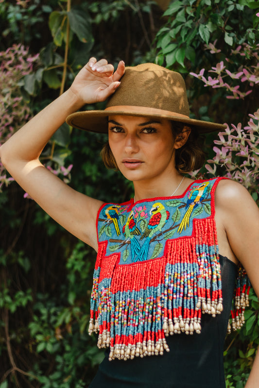 Handmade Poncho with Hand-Embroidered Birds and Beaded Fringes - Red Denim