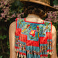 Handmade Poncho with Hand-Embroidered Birds and Beaded Fringes - Red Denim