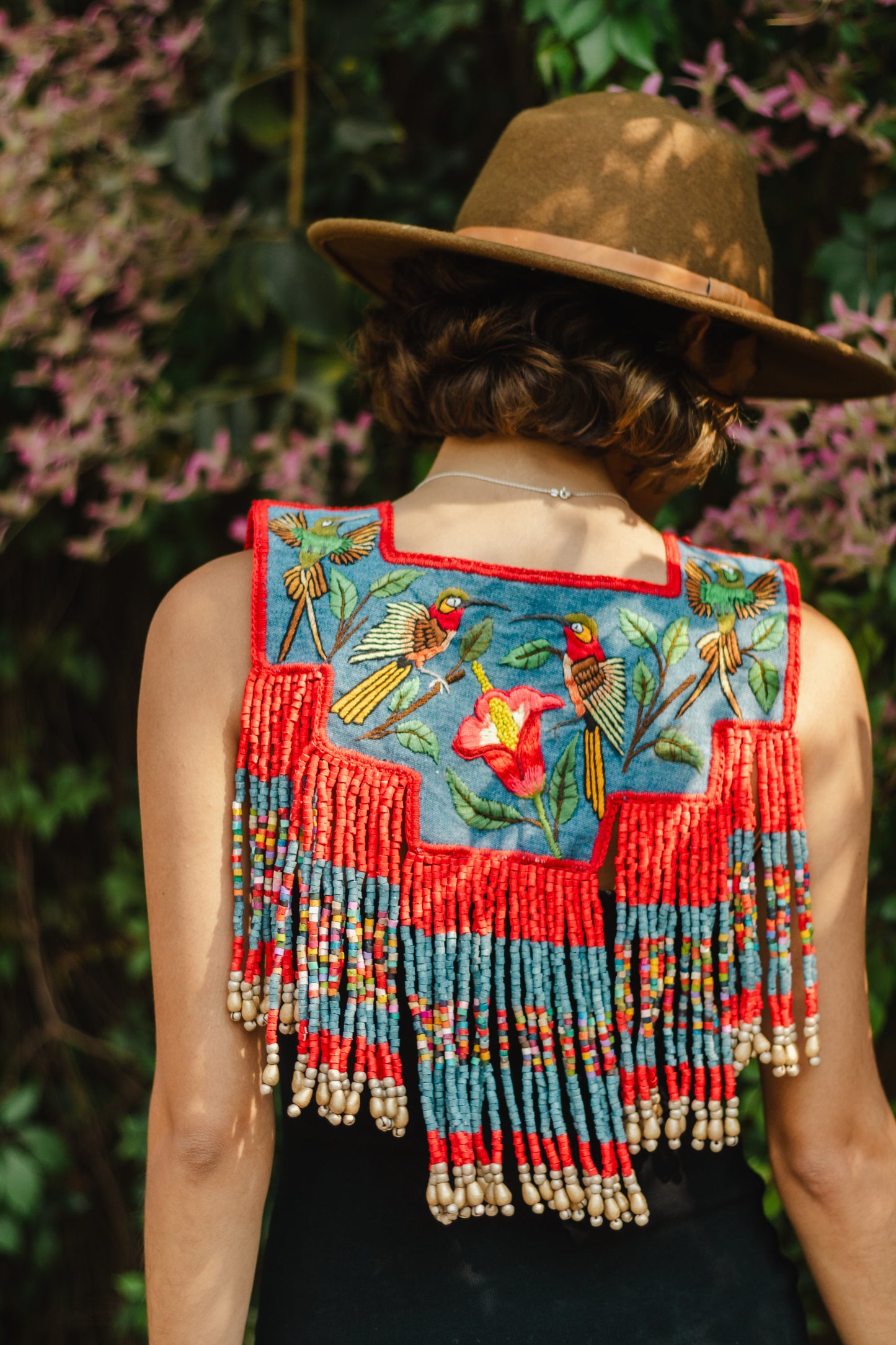 Handmade Poncho with Hand-Embroidered Birds and Beaded Fringes - Red Denim