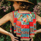 Handmade Poncho with Hand-Embroidered Birds and Beaded Fringes - Red Denim