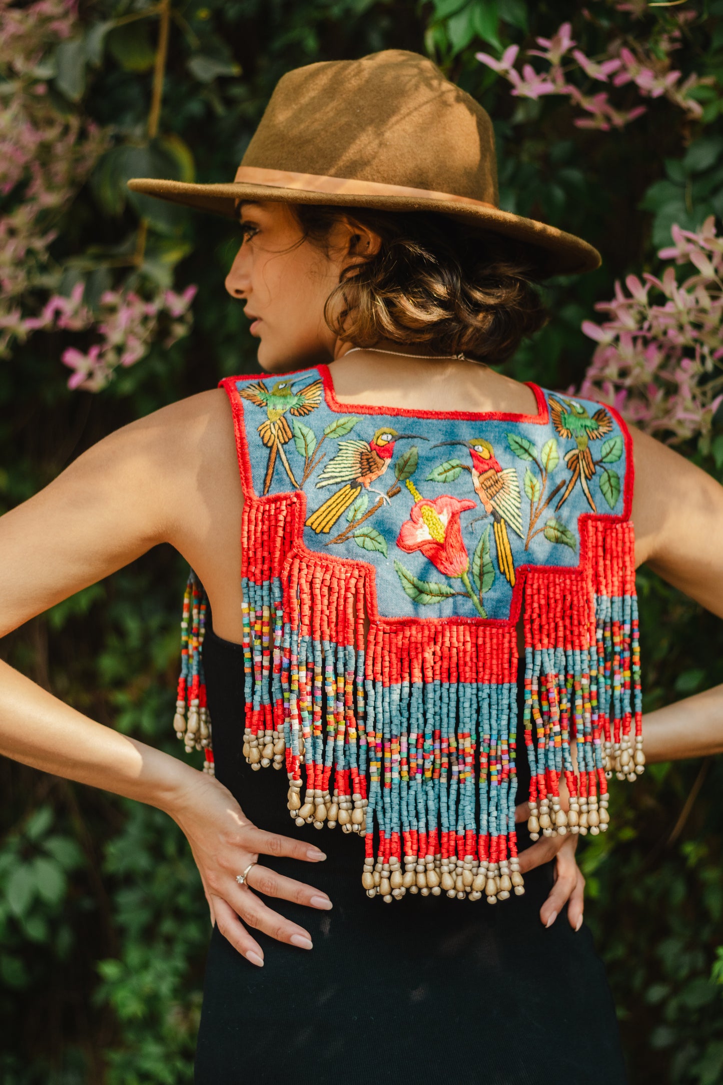 Handmade Poncho with Hand-Embroidered Birds and Beaded Fringes - Red Denim